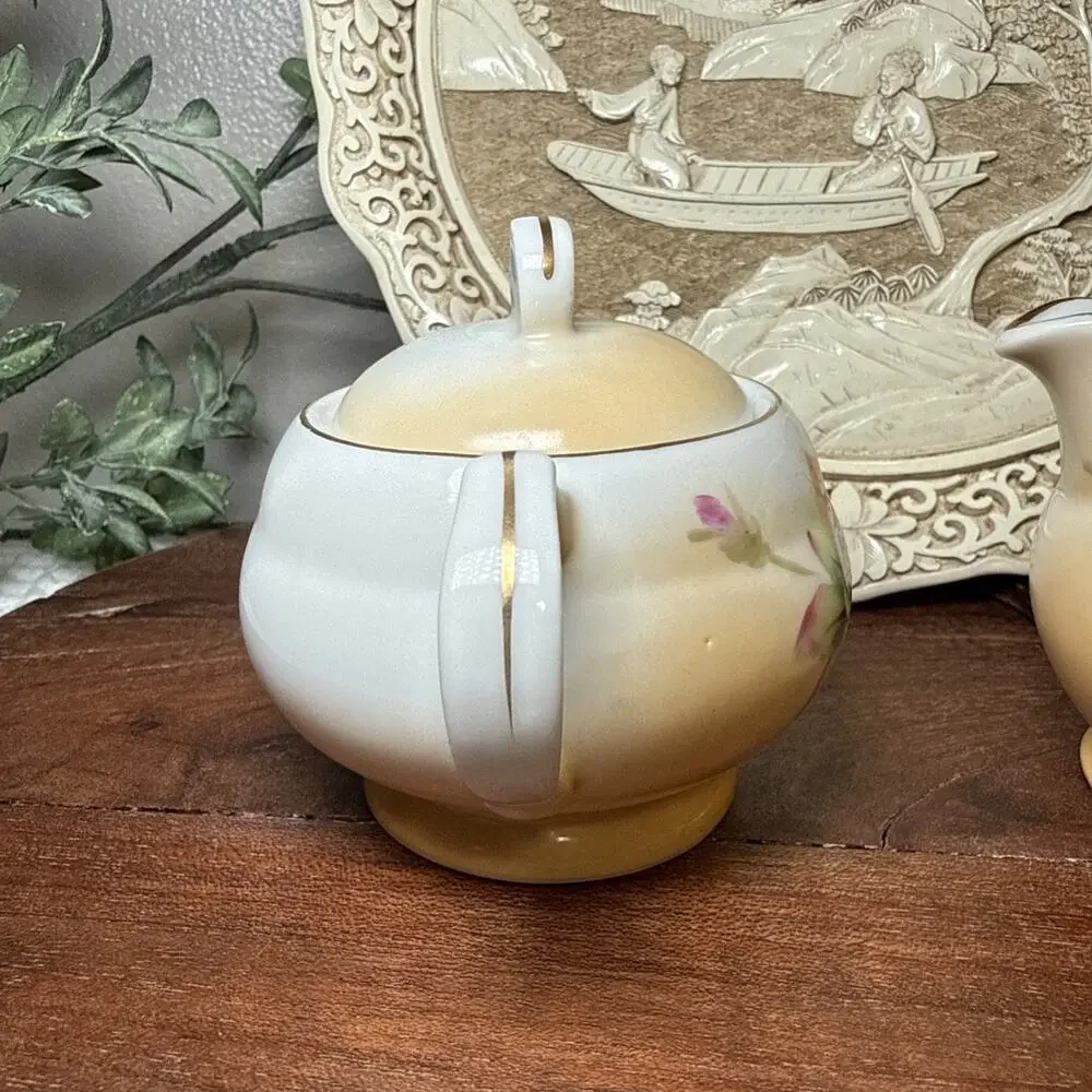 Hand Painted Porcelain Creamer Sugar Bowl Pink Roses Gold Trim Set Vintage